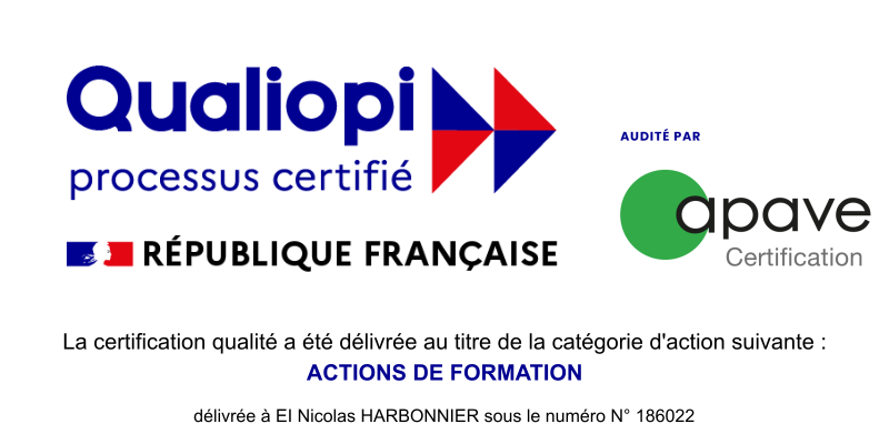 L'Organisme de Formation EI Nicolas Harbonnier certifié Qualiopi par Apave Certification